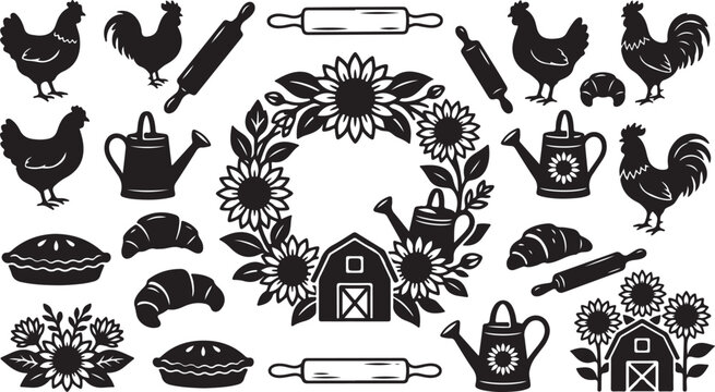 Farm Fresh Baking Illustration with Sunflowers and Chickens