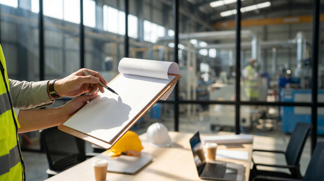 Industrial Inspector Holding Clipboard and Pen in Modern Factory Office Setting