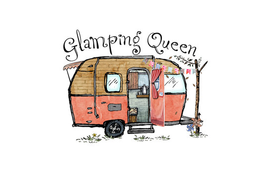 Glamping Queen Retro Camper Van with Decorations Sublimation Design