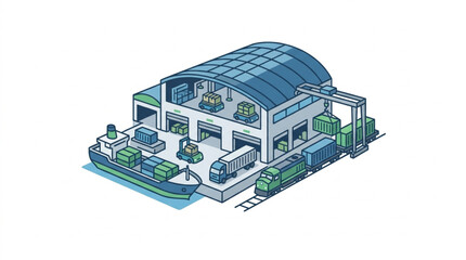 Obraz premium Industrial logistics hub with ship train and trucks.