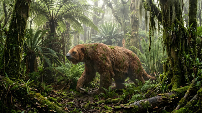 Giant Sloth Walking Through Prehistoric Forest In Ancient Wilderness With Dramatic Natural Landscape Scene