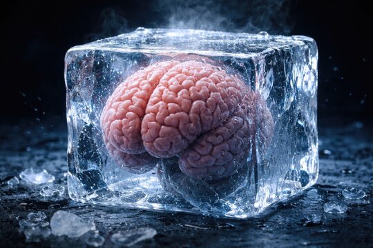 Visual metaphor of brain freeze showing a brain encased in solid ice cube