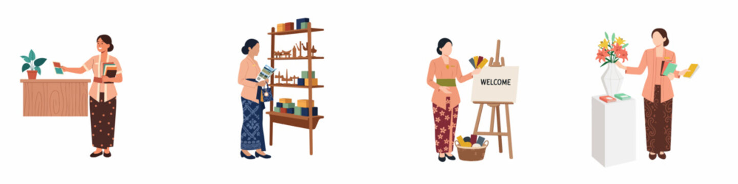 Flat Vector Illustration Set of Indonesian Women in Traditional Kebaya and Batik Working in the Hospitality and Tourism Industry