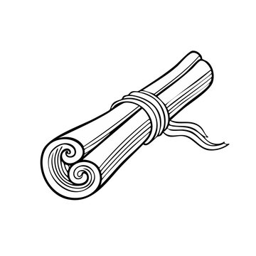 Black and white drawing of a tightly rolled scroll tied with a simple ribbon