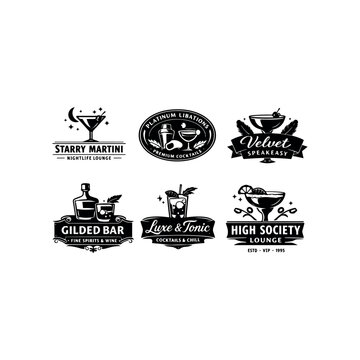 Luxury cocktail and vintage bar lounge vector logo emblems set