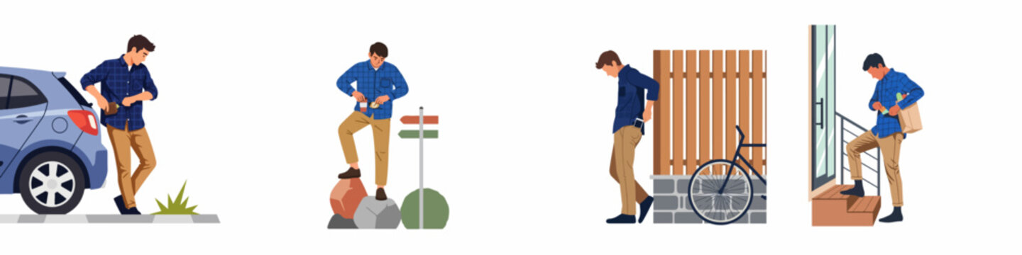 Illustration of a forgetful man searching for his wallet, phone, and keys in various everyday situations, flat vector style.