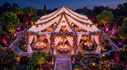 Obraz premium Large white wedding tent on lush green lawn sun shining concept. An elegantly decorated tent surrounded by vibrant flowers for a magical evening.