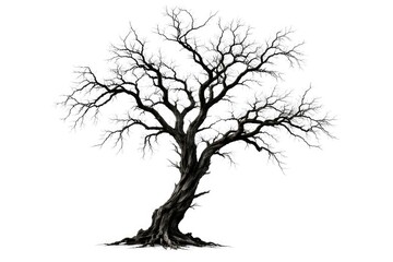 Fototapeta premium Gnarled dead tree silhouette with detailed branches isolated on a pure white background for artistic use