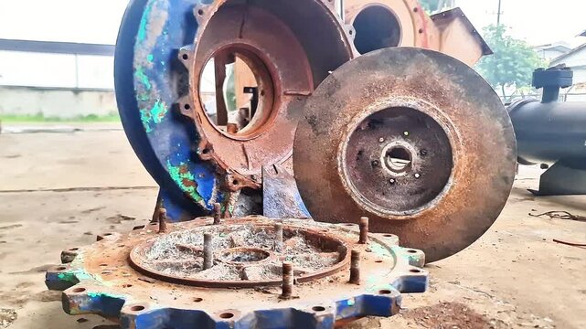 Close Up of Disassembled and Rusty Centrifugal Pump Impeller and Casing Awaiting Reconditioning