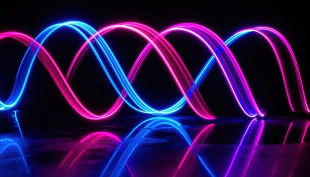 Scie Luminose al Neon Rosa e Blu Intrecciate Spirale Astratta su Superficie Scura