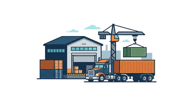 Industrial warehouse with crane loading shipping container onto truck.