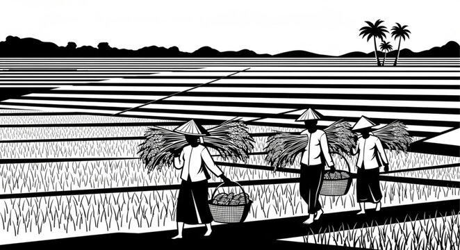 Three Farmers Working in Rice Field with Traditional Tools.