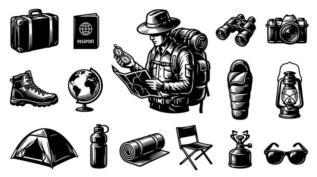 Outdoor Adventure Travel Gear Icons - Black and White Line Art - Vector Set
