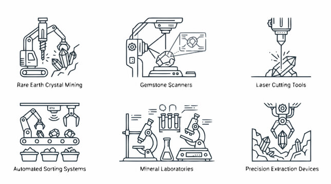 Line art icons of industrial mineral and gemstone processing, covering automated crystal mining, extraction, scanning, laser cutting, sorting, and lab analysis