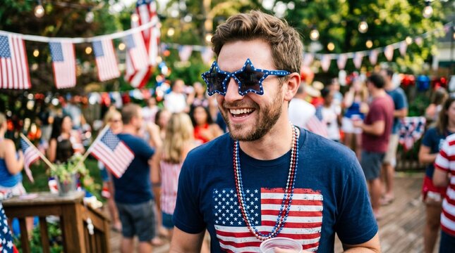 Man wearing patriotic star sunglasses during Independence Day party