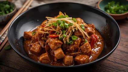Fototapeta premium Stir-Fried Pork Belly with Kimchi Tofu Dark Bowl Close-Up, Vibrant Colors, Rustic Setting