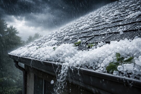 Heavy hail accumulation on roof from storm with blank copy space section