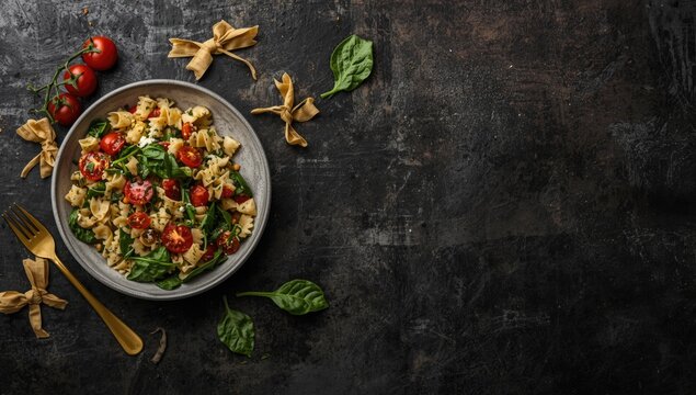 Bowtie pasta salad with cherry tomatoes spinach on dark textured background perfect for recipe or menu copy space