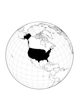 USA Highlighted Orthographic Globe Map 1Bit Monochrome Vector Background A4 Printable Stencil Graphic
