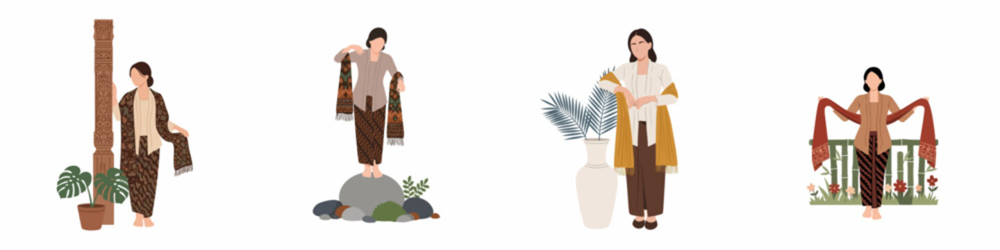 Minimalist flat illustration set of Indonesian women wearing traditional kebaya and batik sarongs in various elegant poses.