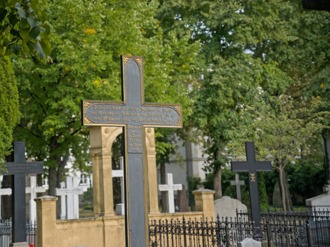 grave monuments in Invalidenfriedhof cemetery, burrial ground of the Prussian army, Berlin, Germany 