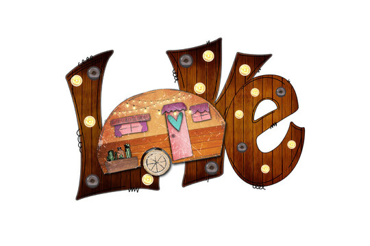 Love Camping Wooden Typography with Vintage Camper Sublimation Design