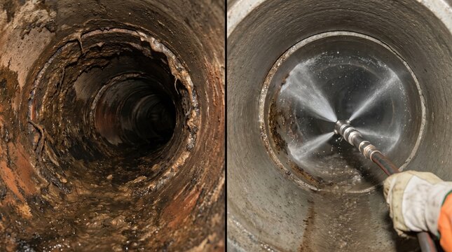 Maintenance severed main sewer pipe hydro jet cleaning concept. Before and after pipe cleaning, showcasing significant transformation and restoration.