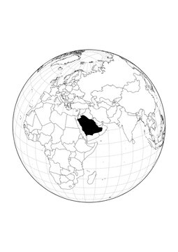 Saudi Arabia Highlighted Orthographic Globe Map 1Bit Monochrome Vector Background A4 Printable Stencil Graphic
