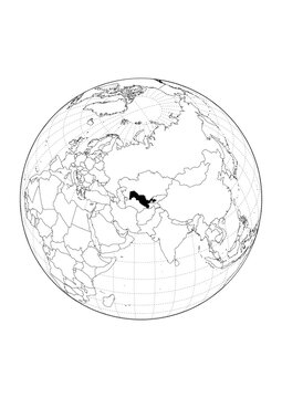 Uzbekistan Highlighted Orthographic Globe Map 1Bit Monochrome Vector Background A4 Printable Stencil Graphic