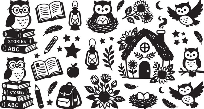 Whimsical black and white educational owl illustrations