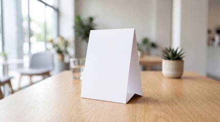 Fototapeta premium Blank table sign on wooden surface in a modern cafe setting