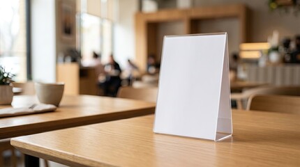 Naklejka premium Blank table tent card in a cozy cafe setting, ideal for menus.