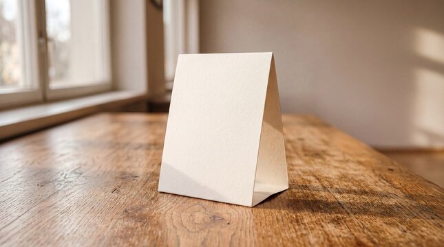 Blank stand-up card on wooden table for customization and design.