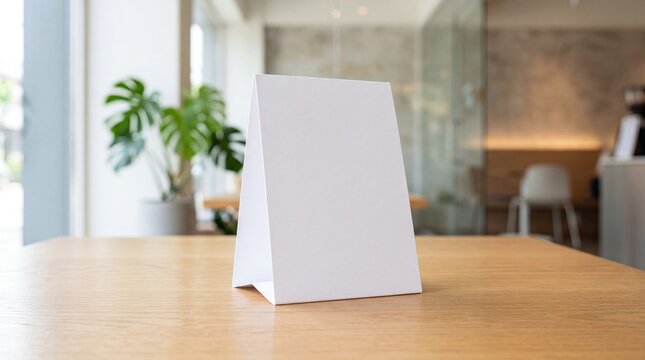 Blank table tent card for branding or menu display in a cafe.