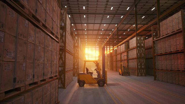 Workers and forklift move through a vast logistics warehouse backlit by a brilliant golden sunset.