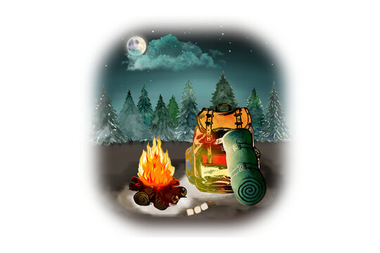 Night Camping Scene with Campfire and Backpack Sublimation Design