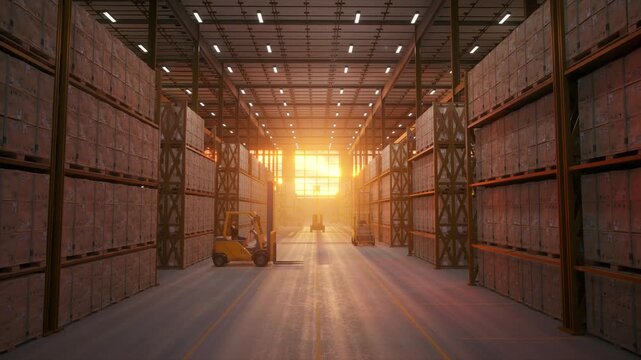Wide warehouse aisle with pallets of boxes stacked on racks, sunset rays streaming in from the back.