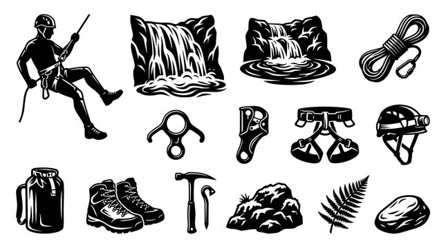 Vintage Engraved Monochrome Vector Icons Set: Climbing, Rappelling, Caving Gear  Outdoor Nature Elements.