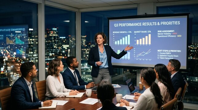 Businesswoman presenting q3 performance results and priorities to a diverse team in a modern office with a city skyline view at night