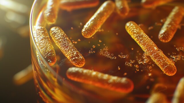Escherichia coli bacteria colony, macro illustration, flagella and pili visible, petri dish environment, warm laboratory lighting