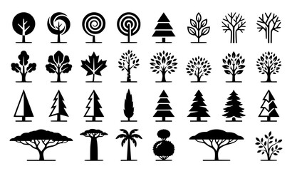 Naklejka premium Abstract tree silhouette vector icon set for landscape branding and environmental design