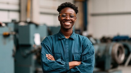Fototapeta premium Female industrial worker in coveralls smiling with arms crossed in a factory workshop for engineering team profile and industrial background
