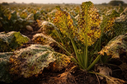Sugar beet crops affected by leaf spot disease due to Cercospora beticola