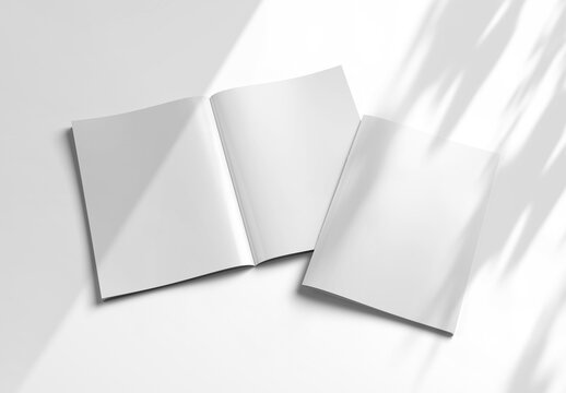 Open magazine and magazine cover Mockup on white background with soft shadows. 3D rendering