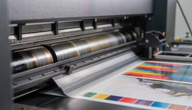 A close-up of a large industrial printing press in action, with a metal cylinder rolling over a colorful test sheet for quality control.