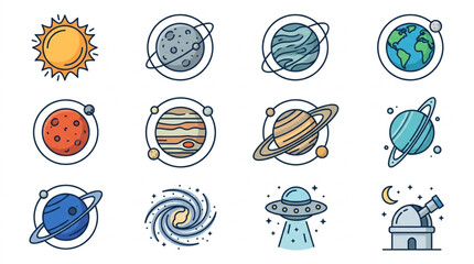 Collection of cartoon planets and space objects. © bro