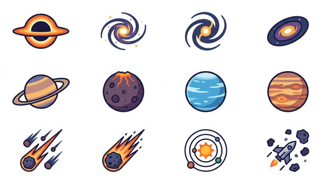 Collection of cartoon planets galaxies and space objects.