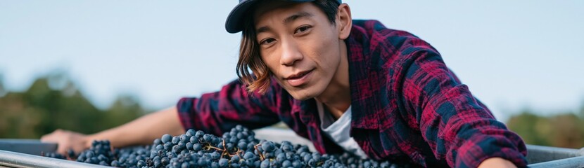 Fototapeta premium Young harvester touching fresh grapes in crate for agricultural banner and food market background