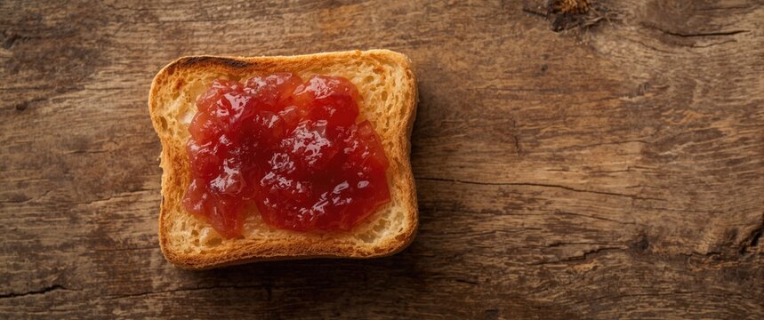 Birds eye perspective of fresh toasted bread with fruit jam on natural wood