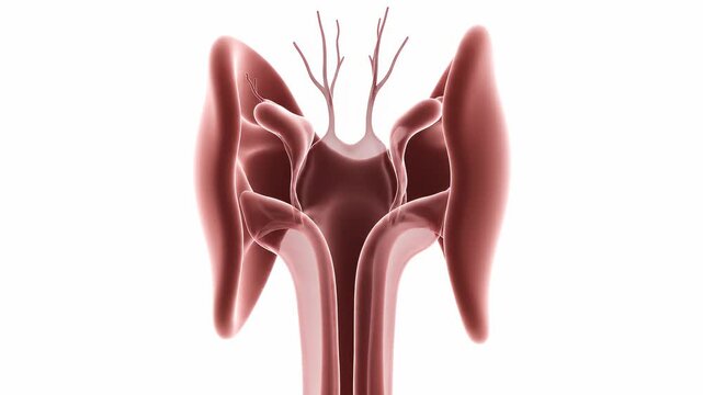 Medical animation of human larynx showing vocal fold vibration